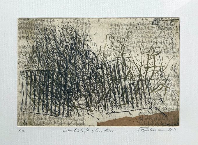 ”Landschaft ohne Hasen”, 2013, farverad. m. indvalset papir,  trykmål 16 x 25 cm. Indrammet. - Pris: 2.350 kr.